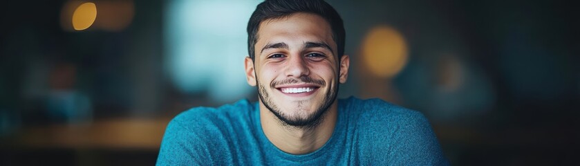 Obraz premium Joyful Man Smiling at Camera in Natural Light Surrounded by Lush Greenery Conveying Happiness and Positivity in a Vibrant Outdoor Setting