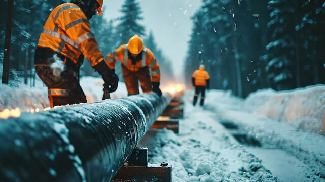 Winter Pipeline Construction: Workers in Action Amid Snow-Covered Forest- Zoom and Fade Transitions- Dynamic Movements