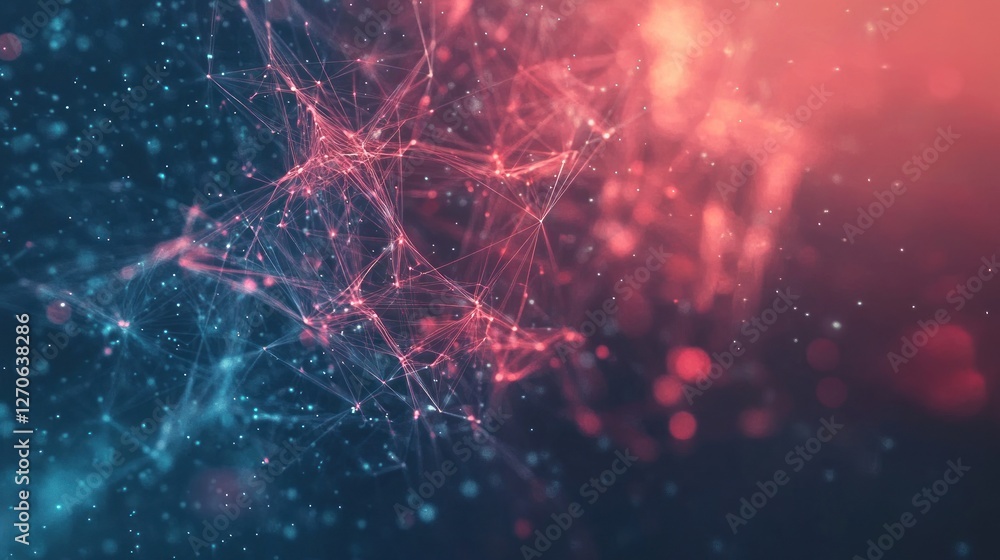 Poster abstract digital background featuring interconnected lines and glowing particles in vibrant colors, 