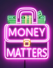 Neon sign with Money Matters illuminated, featuring neon cash stacks and a glowing briefcase, bright and colorful, symbolizing the importance of wealth and business