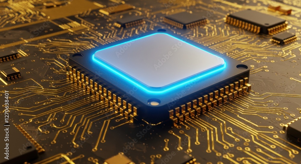 Aufkleber a close-up view of a modern cpu glowing with radiant blue light embedded within a detailed electroni