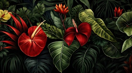 Obraz premium Seamless tropical botanical wallpaper design featuring a vibrant and lush arrangement of tropical leaves flowers and other verdant elements creating a captivating natural organic