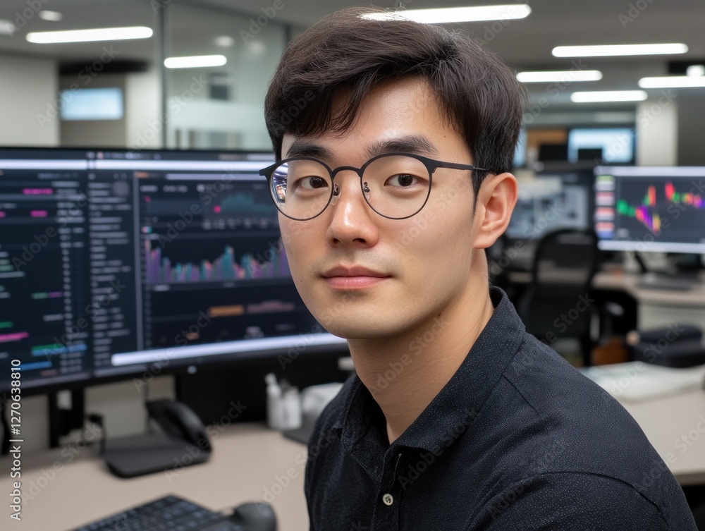 Poster young professional analyzing financial data in a modern office with multiple screens displaying stoc