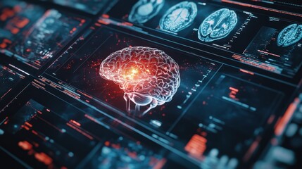 Brain scan display with multiple medical diagnostic screens showing brain activity.