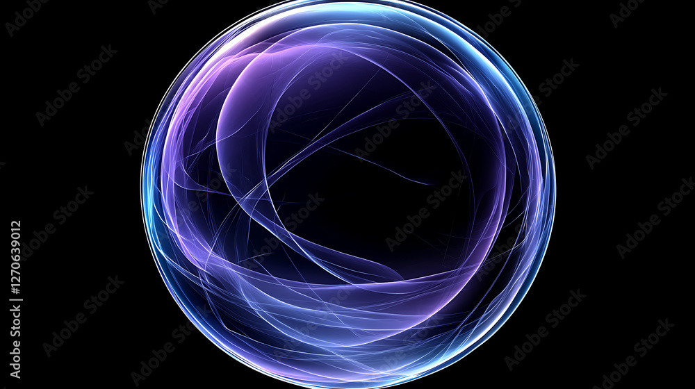 Poster ethereal orb abstract circle design with floating transparent spirals on a black backdrop