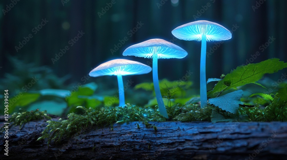 Poster glowing mushrooms illuminated in a dark forest, standing on a mossy log, creating a mystical and enc