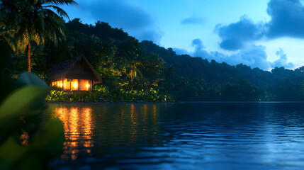 Fototapeta premium Tropical Island Hut Lit at Night by Ocean with Palm Trees Under Dark Blue Sky