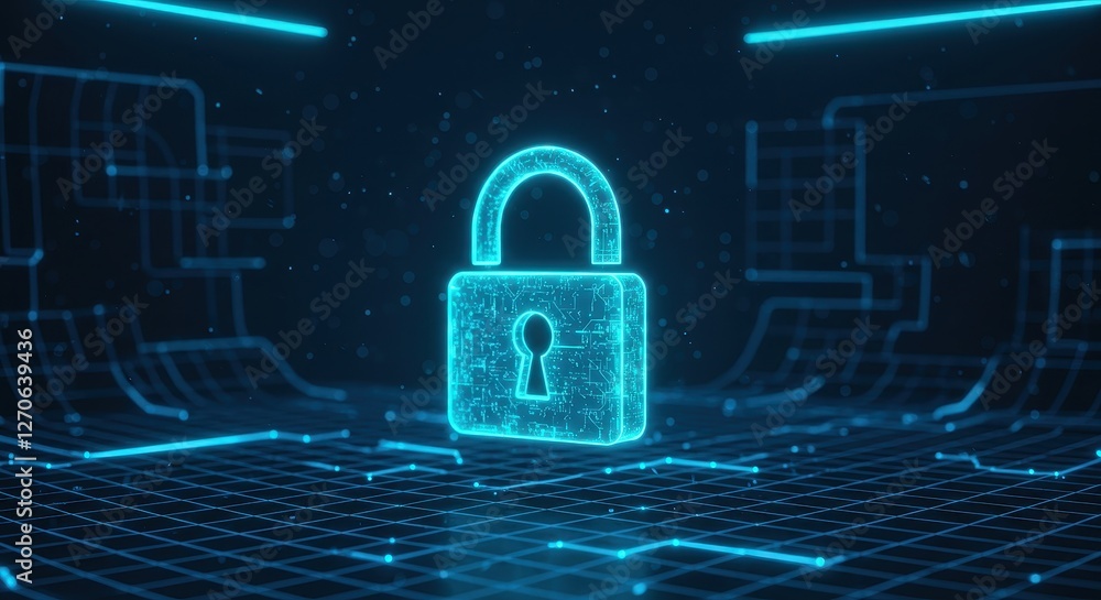 Poster a glowing holographic padlock floating in a high tech digital environment surrounded by neon blue li