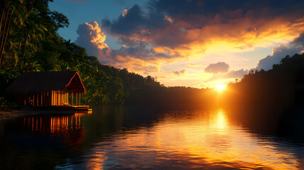 Fototapeta premium Tropical Landscape with Glowing Sunset Reflecting on Calm River Near Shoreline Cabin