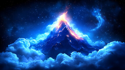 Ethereal Peak Embraced by Celestial Clouds Radiating Light in a Starry Sky Scene Artscape