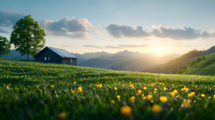 Picturesque Landscape of Cabin on Grassy Hill with Wildflowers Under a Bright Sky at Sunset