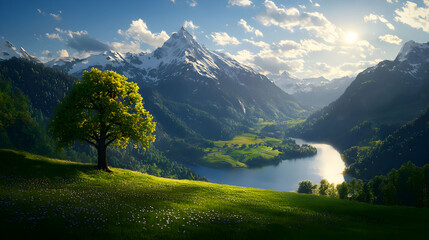 Obraz premium Picturesque Mountain Landscape with Lush Green Meadow and Tranquil Lake Under a Bright Sunny Sky