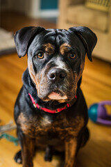 Portrait of a black and tan brindle mixed bully breed dog