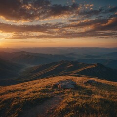 Obraz premium A scenic viewpoint overlooking a vast mountain expanse at sunset.