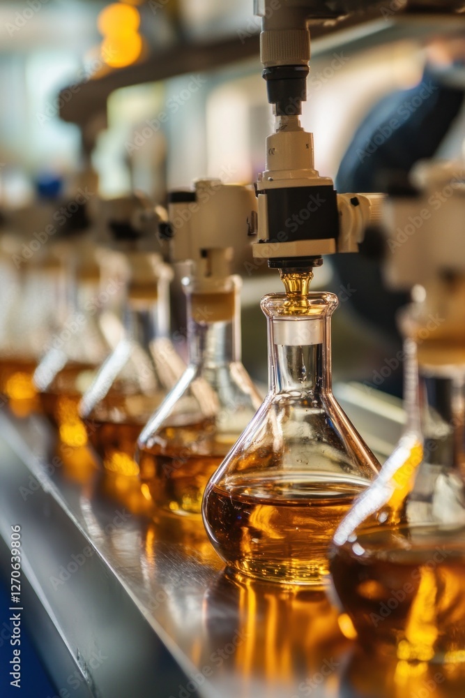 Poster bottles of amber liquid being filled in a modern laboratory setting with machinery in the background
