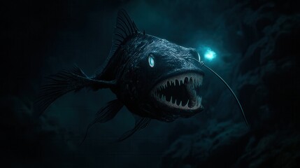 Chasing deep-sea creatures anglerfish in the dark ocean depths underwater exploration mystical environment dramatic viewpoint