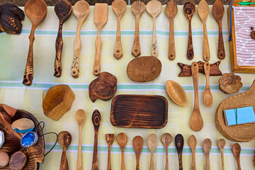 Crafts Ideas. Flat Lay Display Set of Different Empty Kitchen Spoons Made of Various Kinds of Wood