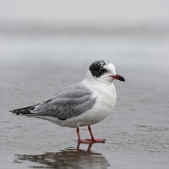 A little gull standing with webbed feet slightly apart, against a white background.