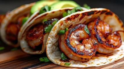 Shrimp tacos with grilled shrimp and cilantro in a warm tortilla. Generative AI