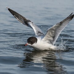 A little gull captured mid-dive, wings pointed downward, isolated on white.