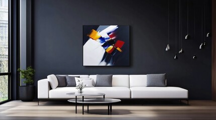 modern living room with a white sofa, abstract art, pendant lights, and a dark wall. minimalist design with plants and layered coffee tables.