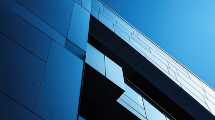 Modern architecture, a building's corner perspective, a blue tone, a glass curtain wall, geometric shapes