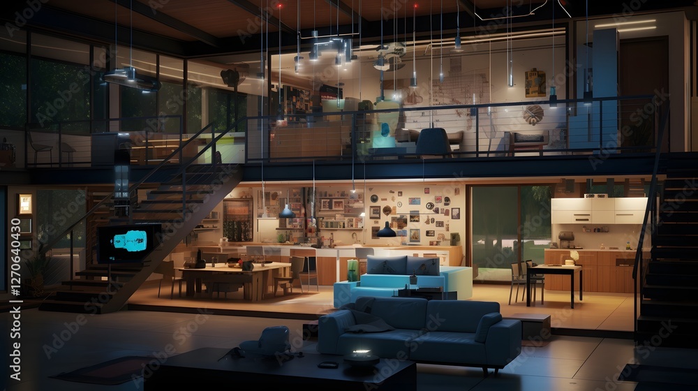 Poster sleek and contemporary smart home interior with automated systems and devices controlled by a mobile