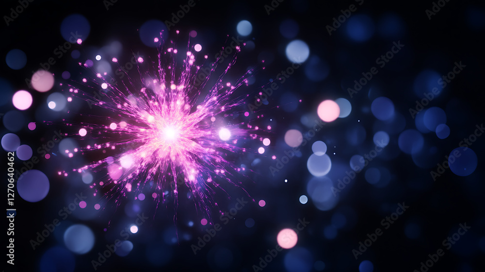 Poster ethereal purple explosion of light and spherical bokeh display on dark background visual
