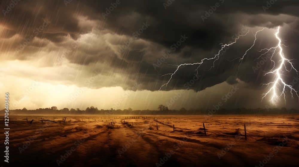 Poster dramatic thunderstorm with powerful lightning bolts striking across the open field landscape moody a