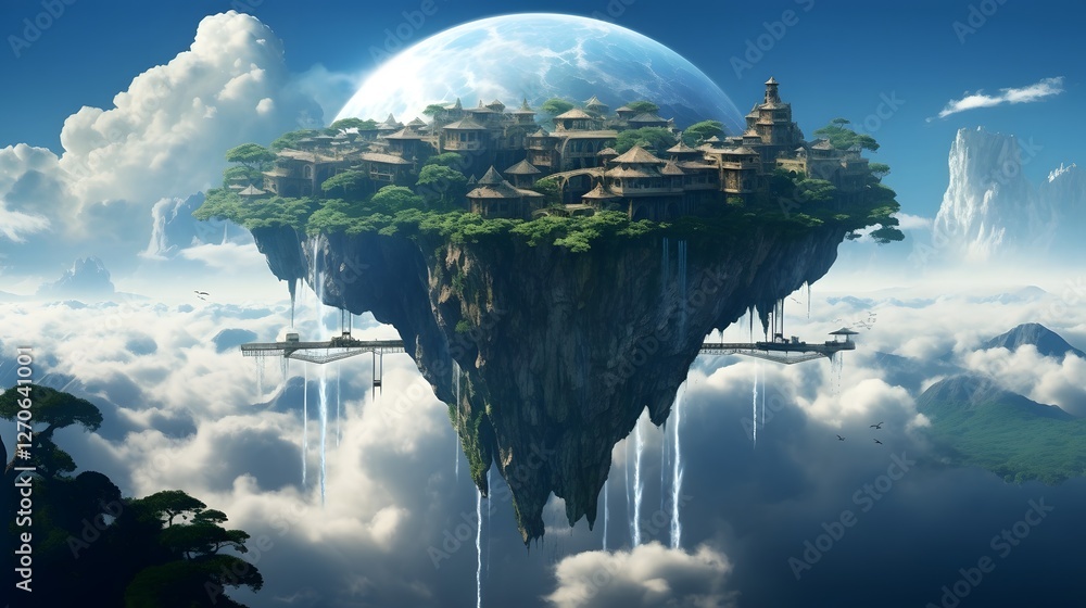 Poster a serene and ethereal floating island in the sky with a small cozy house nestled amidst the clouds a