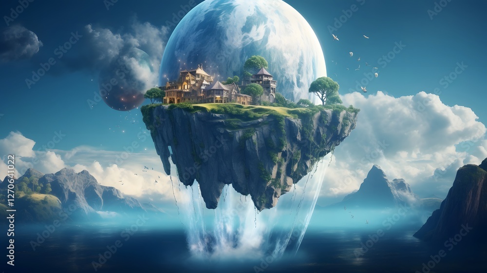 Poster enchanting floating island with a small cabin home and cascading waterfall suspended in a tranquil d