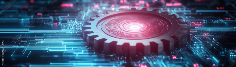 Poster intricate gear wheel embedded in a futuristic circuit board illuminated by a striking red light crea
