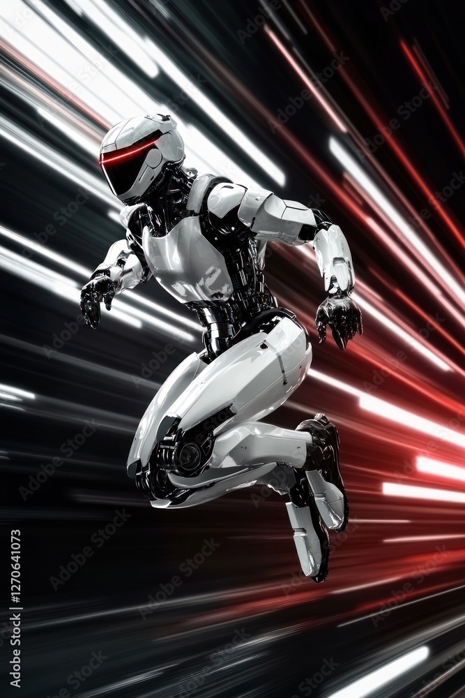Poster futuristic robot in motion against dynamic backdrop