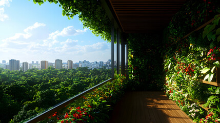 Fototapeta premium Verdant Balcony Overlooking a Cityscape with Lush Greenery and Sunlight Bathed Wooden Planks