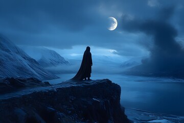 Lone figure, moonlit cliff, snowy mountains, night scene, fantasy art