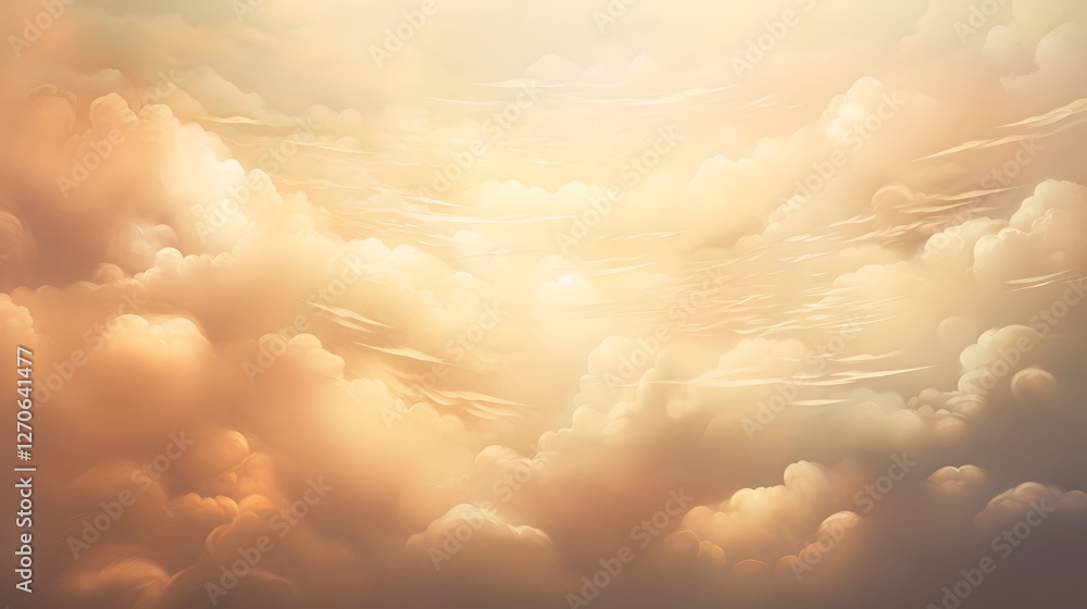 Poster soft hazy and dreamy cloudscape with warm golden sunlight filtering through the wispy fluffy clouds 