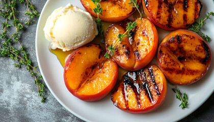 Grilled Peaches with Thyme, Honey and scoop of Vanilla Ice Cream on white plate, top view, copy space. Homemade bbq roasted peaches or nectarines, rustic summer dessert