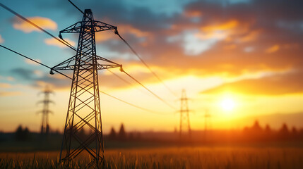 Power Lines Stretch Across a Golden Field Under a Vibrant Sunset Sky
