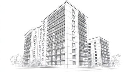 Modern apartment buildings sketched in urban setting