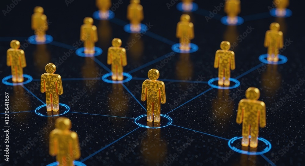 Poster an abstract visualization of a digital network with golden humanoid figures connected by glowing blu