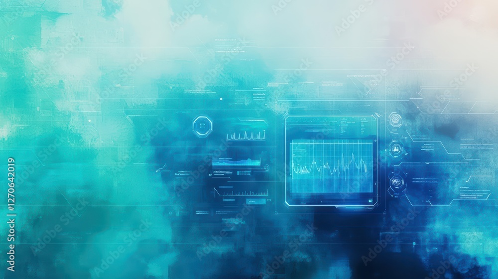 Poster vibrant digital workspace featuring a computer screen illuminated by a striking blue and green backg