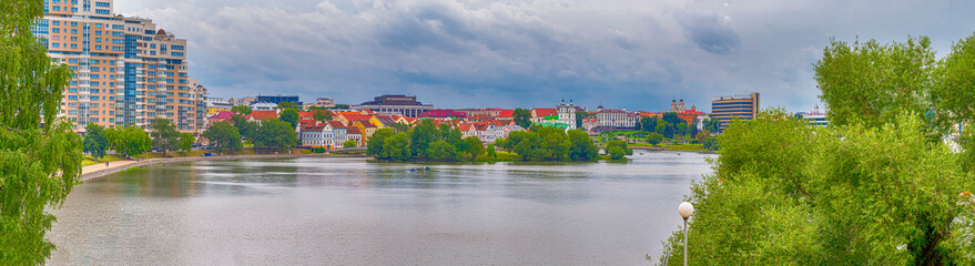 Obraz premium Travel Destinations. Panorama of MInsk City With Trinity Suburb and Svisloch River in Background. Minsk is a Capital of the Republic of Belarus.