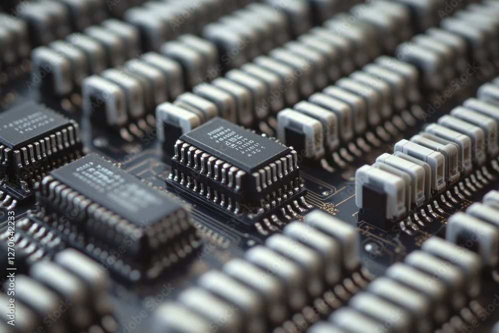 Poster close-up view of a circuit board showcasing intricate microchips and electronic components in a tech