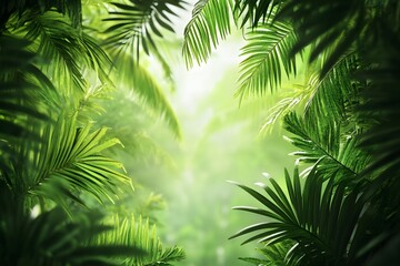 Lush jungle foliage framing sunlight, vibrant green leaves, tropical background, ideal for design