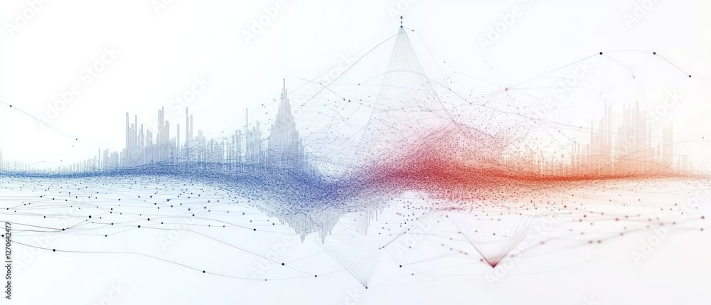Poster abstract visualization of sound waves over a city skyline, showcasing data patterns and connectivity