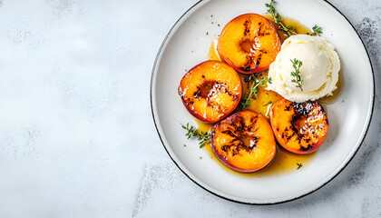 Grilled Peaches with Thyme, Honey and scoop of Vanilla Ice Cream on white plate, top view, copy space. Homemade bbq roasted peaches or nectarines, rustic summer dessert
