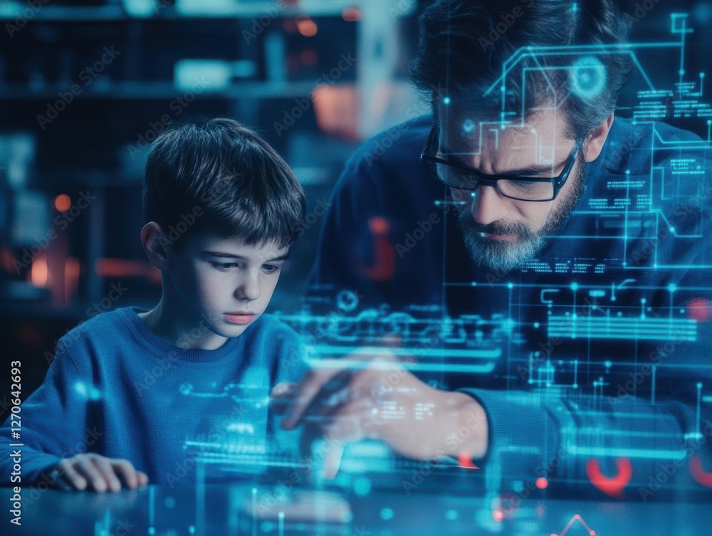 Poster a thoughtful man and an eager boy engaged in discovery while observing a computer screen illuminated