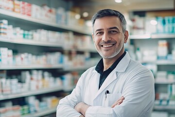 Portrait of a happy pharmacy shop owner standing in the drug store.