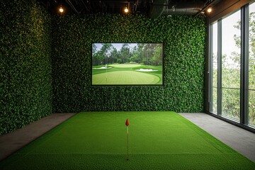 Indoor golf simulator with green turf and vibrant plant wall decor