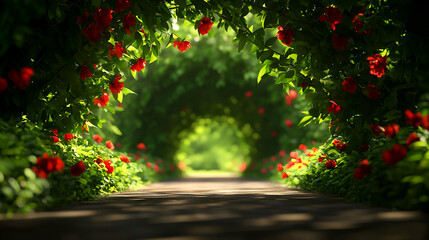 Red Roses Adorn Green Tunnel Archway in Lush Garden Pathway Creates Romantic Outdoor Escape